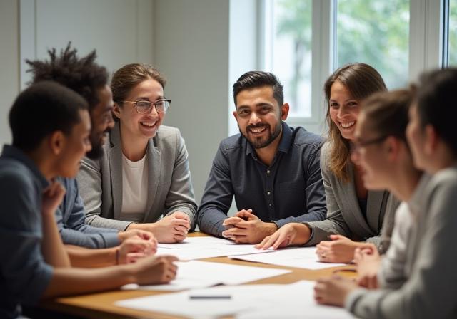 Equipe da Editora Brasiliana reunida em uma sala de reunião, sorrindo e colaborando.