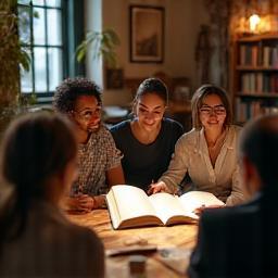 Grupo de pessoas discutindo um livro em círculo.