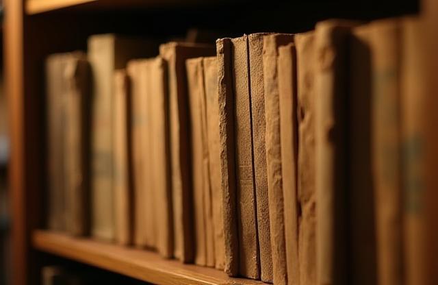 Close-up de uma estante de livros antiga.