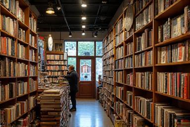 Prateleiras de livraria com muitos livros.
